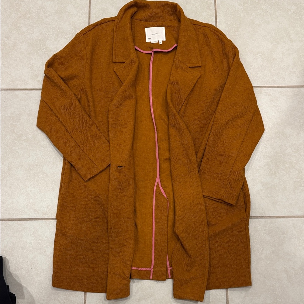 Anthropologie Rust Brown Open-Front Cardigan with Pink Trim